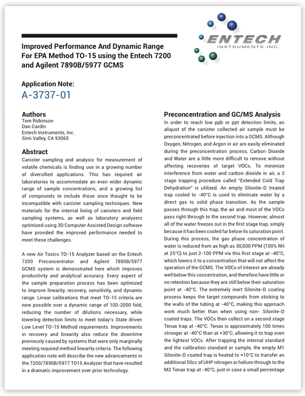 Improved Performance And Dynamic Range For EPA Method TO-15 using the Entech 7200 and Agilent 7890B/5977 GCMS