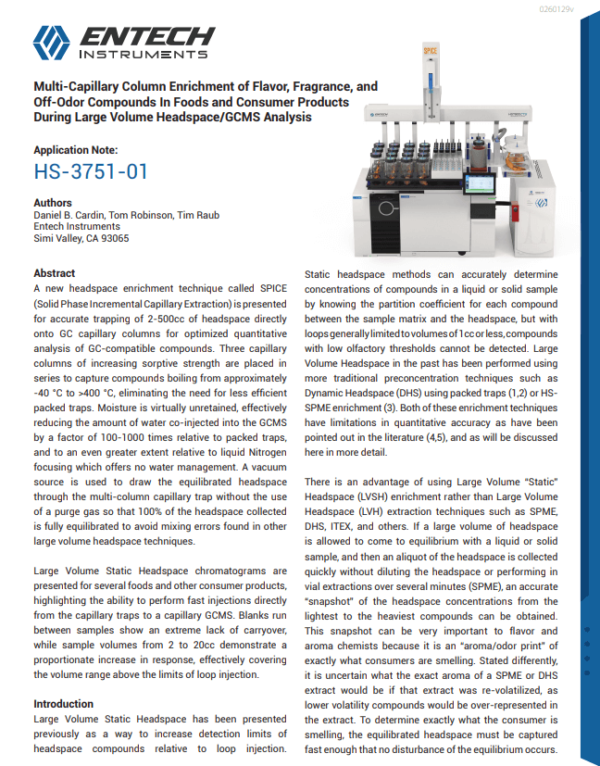 Multi-Capillary Column Enrichment of Flavor, Fragrance, and Off-Odor Compounds In Foods and Consumer Products During Large Volume Headspace/GCMS Analysis