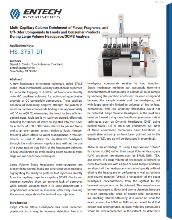 Multi-Capillary Column Enrichment of Flavor, Fragrance, and Off-Odor Compounds In Foods and Consumer Products During Large Volume Headspace/GCMS Analysis