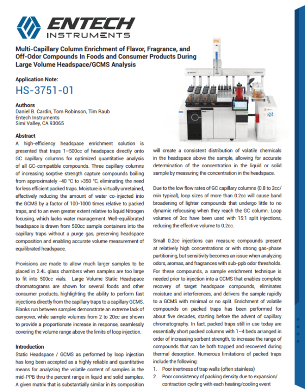 Multi-Capillary Column Enrichment of Flavor, Fragrance, and Off-Odor Compounds In Foods and Consumer Products During Large Volume Headspace/GCMS Analysis