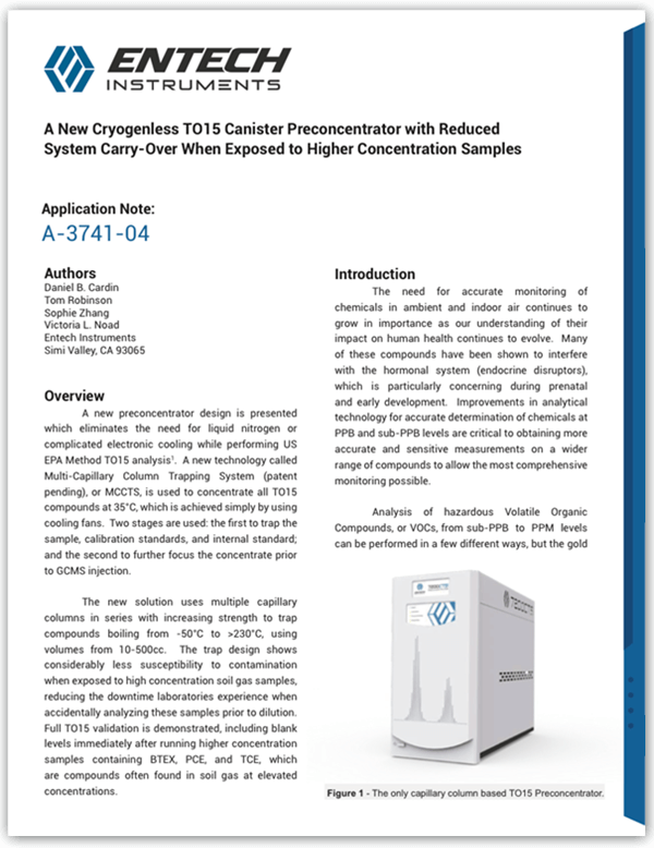 A New Cryogenless TO15 Canister Preconcentrator with Reduced System Carry-Over When Exposed to Higher Concentration Samples