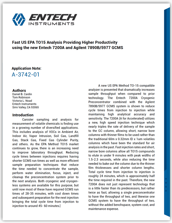 7200A - Fast US EPA TO15 Analysis Providing Higher Productivity using the new Entech 7200A and Agilent 7890B/5977 GCMS