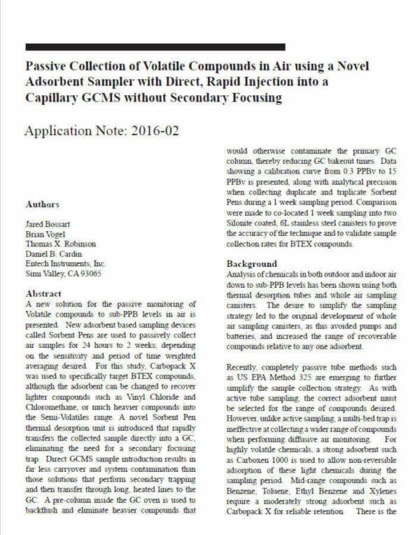 Passive Collection of Volatile Compounds in Air using a Novel Adsorbent Sampler with Direct, Rapid Injection into a Capillary GCMS without Secondary Focusing