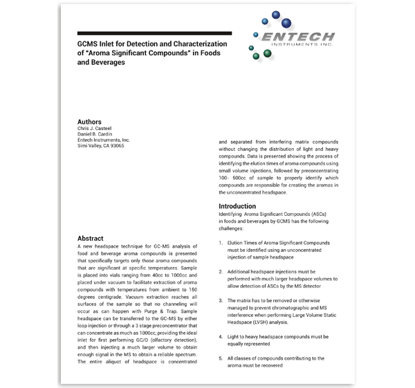 GCMS Inlet for Detection and Characterization of “Aroma Significant Compounds” in Foods and Beverages