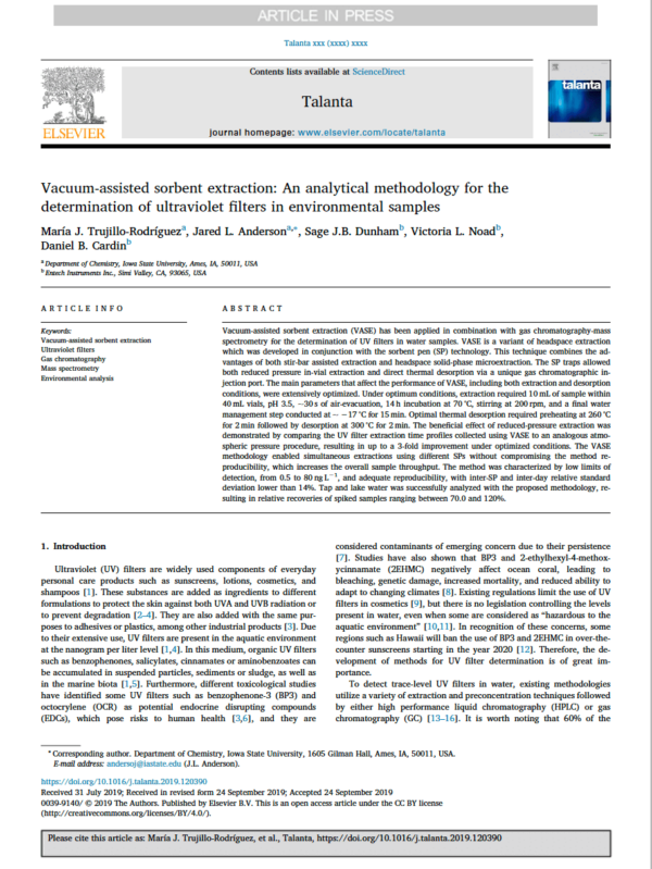 Vacuum-Assisted Sorbent Extraction: An Analytical Methodology for the Determination of Ultraviolet Filters in Environmental Samples