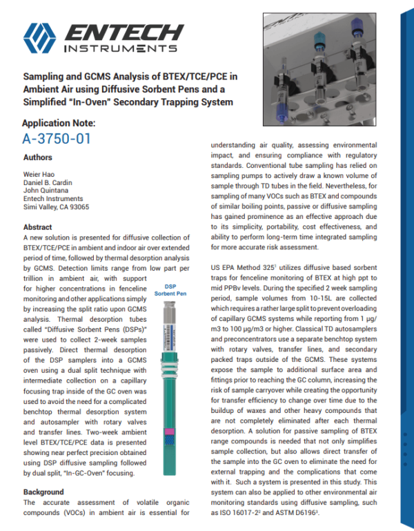 Sampling and GCMS Analysis of BTEX/TCE/PCE in Ambient Air using Diffusive Sorbent Pens and a Simplified “In-Oven” Secondary Trapping System