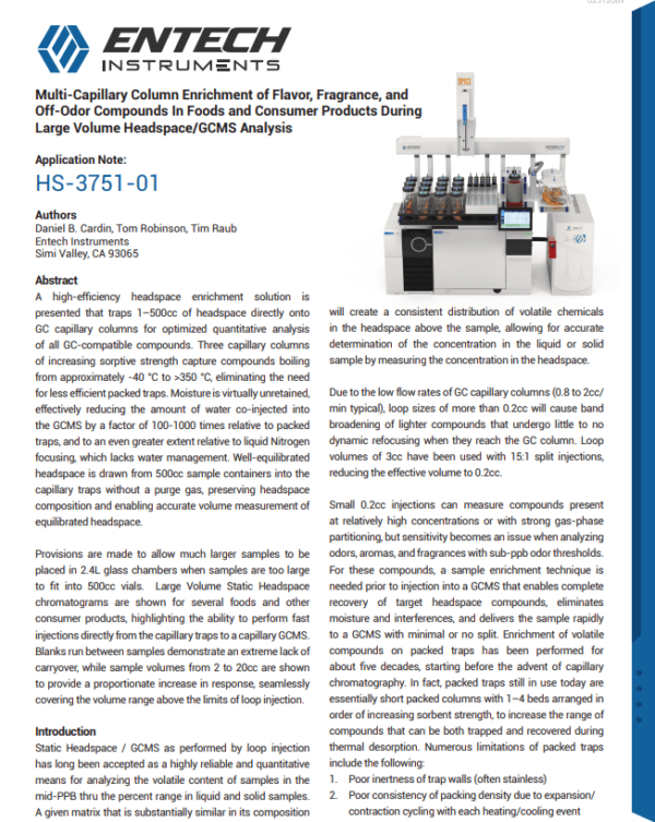Multi-Capillary Column Enrichment of Flavor, Fragrance, and Off-Odor Compounds In Foods and Consumer Products During Large Volume Headspace/GCMS Analysis