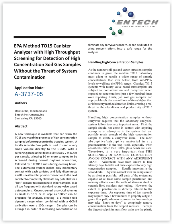 EPA Method TO15 Canister Analyzer with High Throughput Screening for Detection of High Concentration Soil Gas Samples Without the Threat of System Contamination