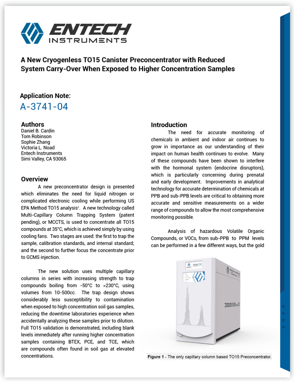 A New Cryogenless TO15 Canister Preconcentrator with Reduced System Carry-Over When Exposed to Higher Concentration Samples