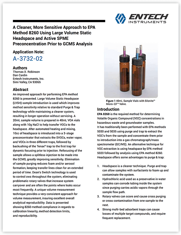 A Cleaner, More Sensitive Approach to EPA Method 8260 Using Large Volume Static Headspace and Active SPME Preconcentration Prior to GCMS Analysis