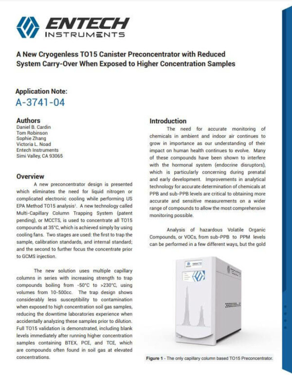 A New Cryogenless TO15 Canister Preconcentrator with Reduced System Carry-Over When Exposed to Higher Concentration Samples