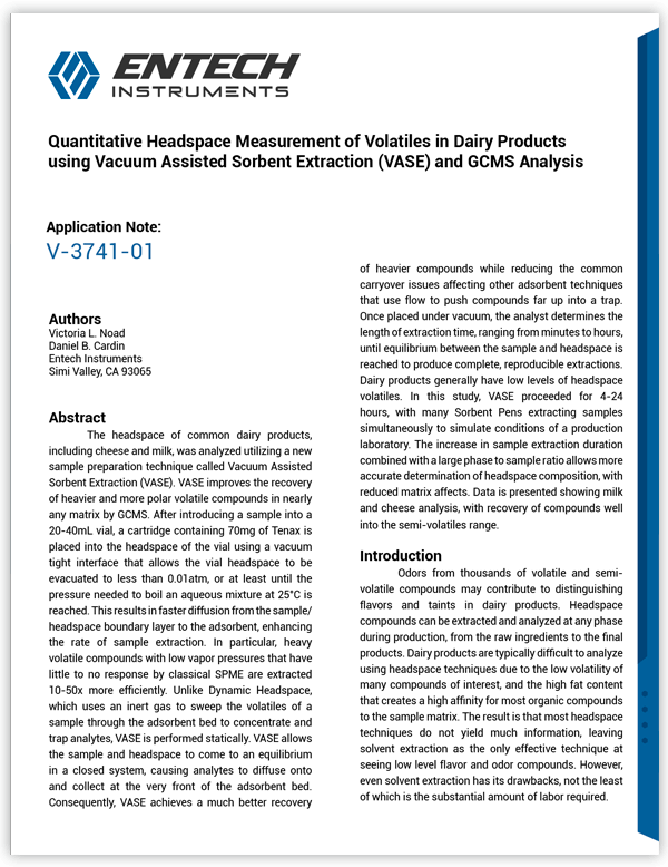 Quantitative Headspace Measurement of Volatiles in Dairy Products using Vacuum Assisted Sorbent Extraction (VASE) and GCMS Analysis Application