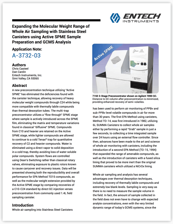 Expanding the Molecular Weight Range of Whole Air Sampling with Stainless Steel Canisters using Active SPME Sample Preparation and GCMS Analysis