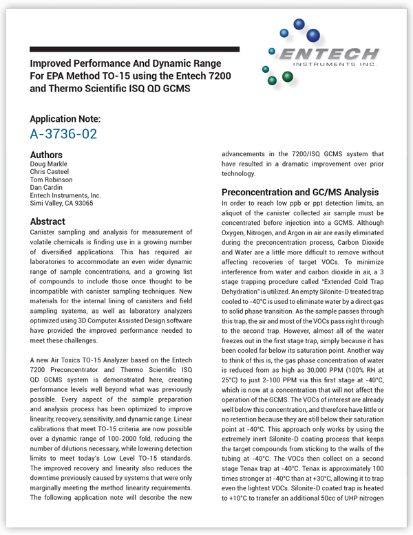 Improved Performance And Dynamic Range For EPA Method TO-15 using the Entech 7200 and Thermo Scientific ISQ QD GCMS