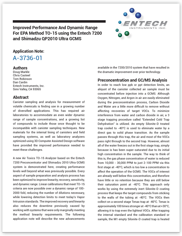 Improved Performance and Dynamic Range for EPA Method TO-15 using the Entech 7200 and Shimadzu QP2010 Ultra GCMS