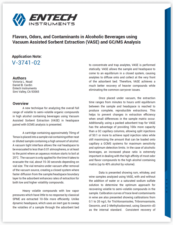 Flavors, Odors, and Contaminants in Alcoholic Beverages using Vacuum Assisted Sorbent Extraction (VASE) and GC/MS Analysis