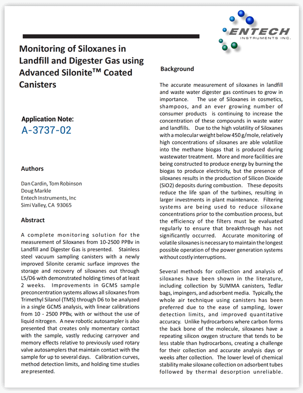 Monitoring of Siloxanes in Landfill and Digester Gas using Advanced Silonite